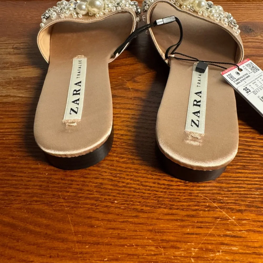 Zara Trafaluc Pearl Rhinestone Satin Slide Sandals Champagne NWT Size 35 - Picture 4 of 7